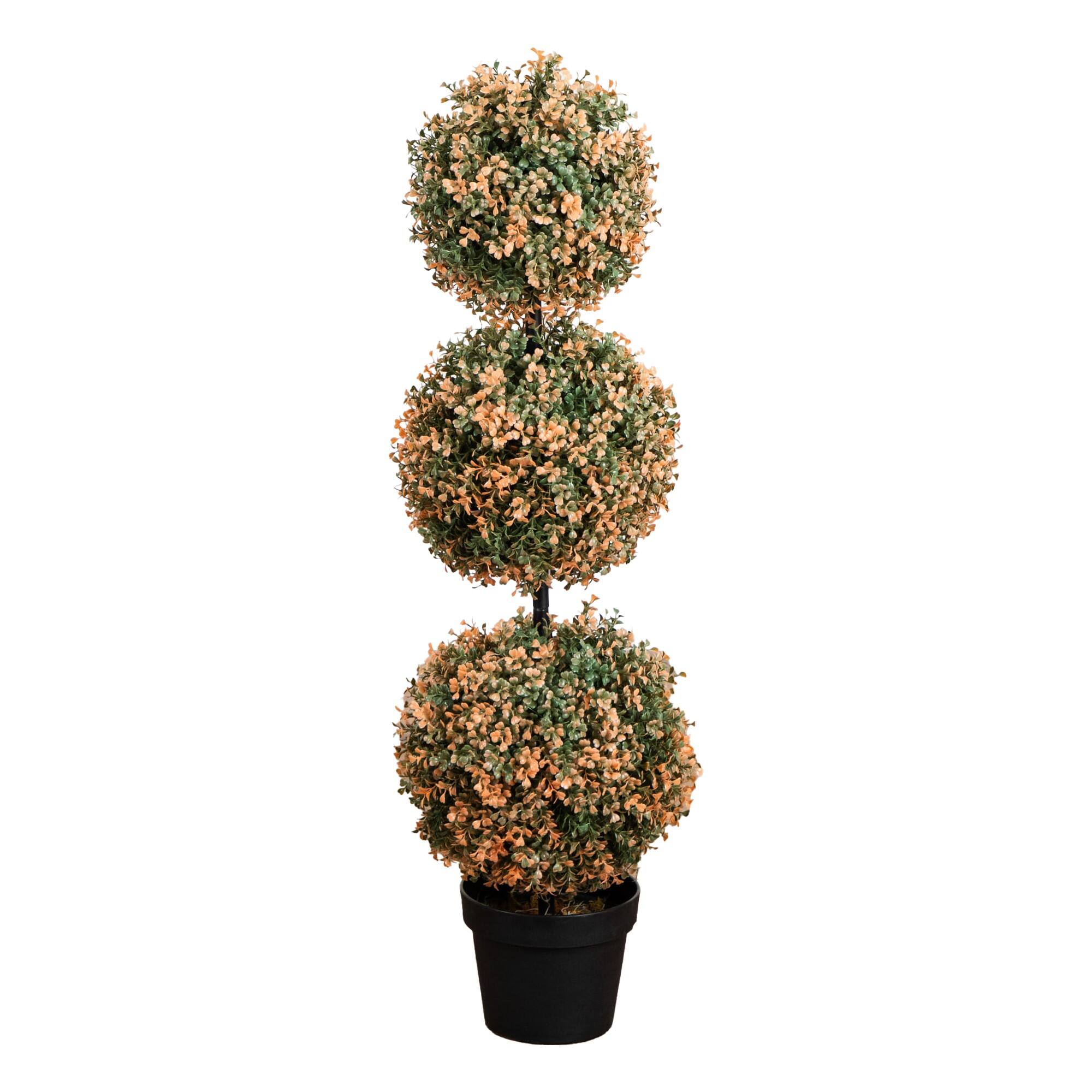 3ft. UV Resistant Autumn Triple Ball Boxwood Artificial Fall Topiary Tree with 30 Warm White LED Lights (Indoor/Outdoor)